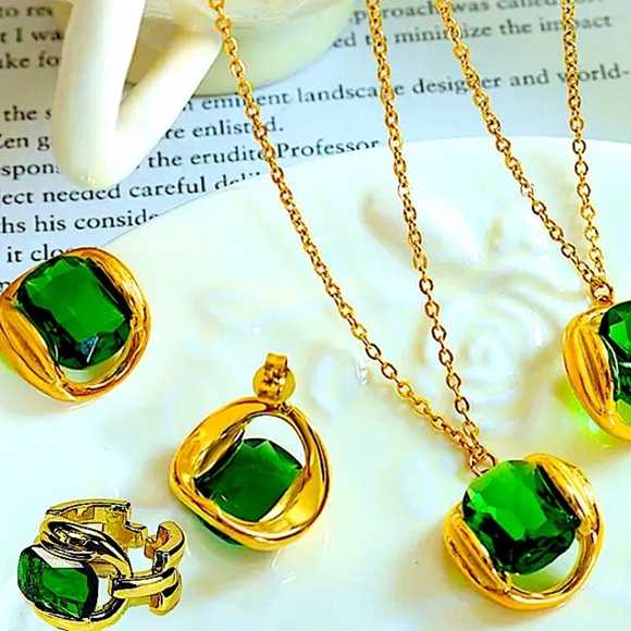 Gold Emerald Crystal Matching Necklace, Earrings, Ring Set - Picture 2 of 8